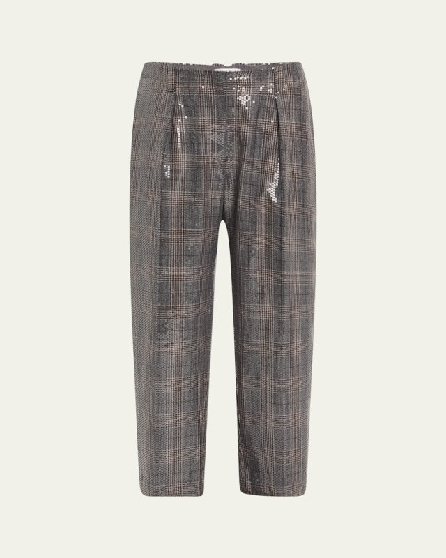 Wool Prince Of Wales Baggy Straight-Leg Ankle Pull-On Pants